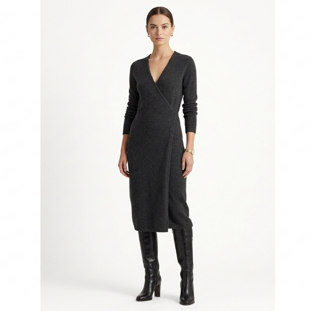 Black Label Ralph Lauren Charcoal Luxe Blend Surplice Wrap Dress